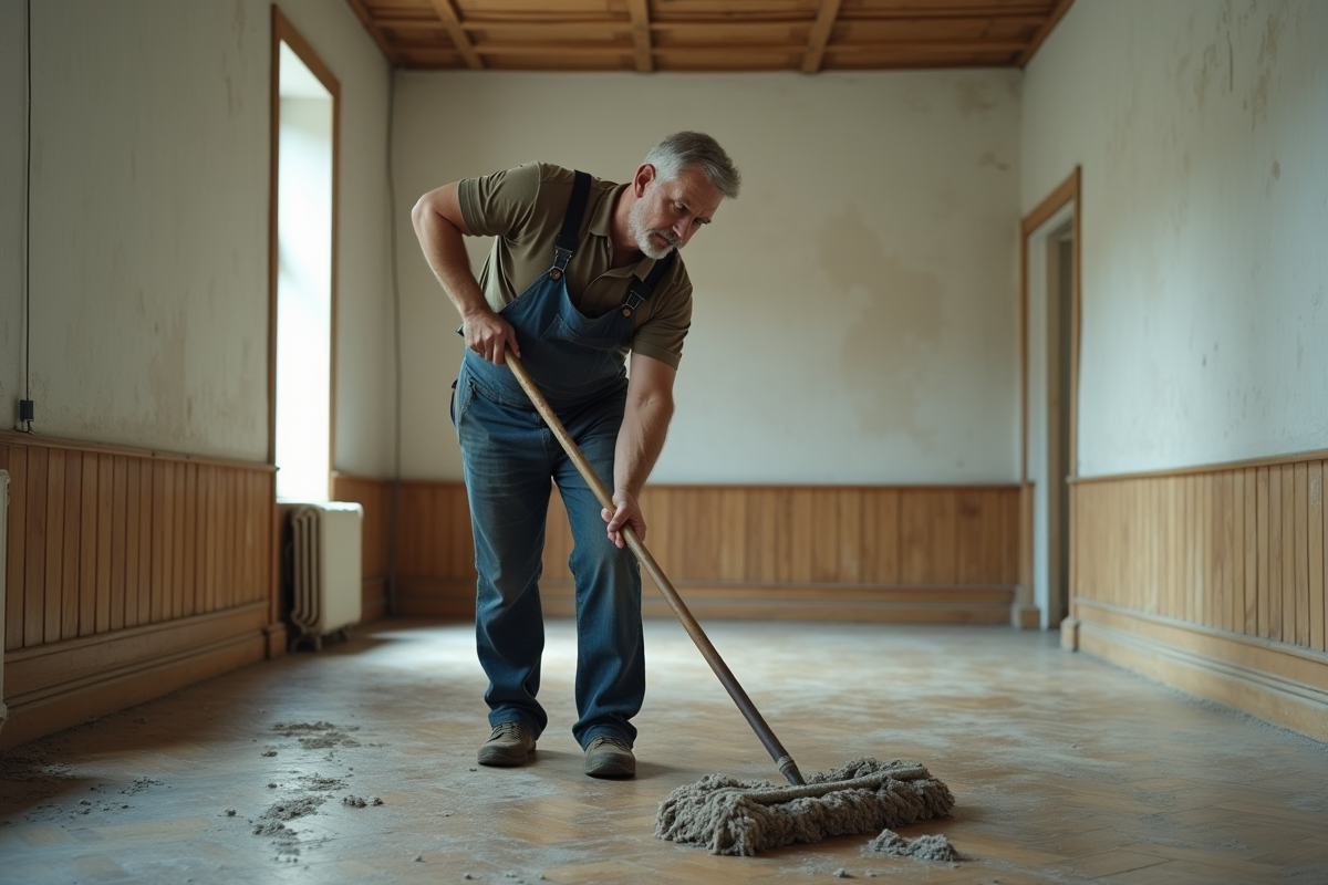 Homme en overalls nettoyant un parquet tr&egrave;s sale avec une mop