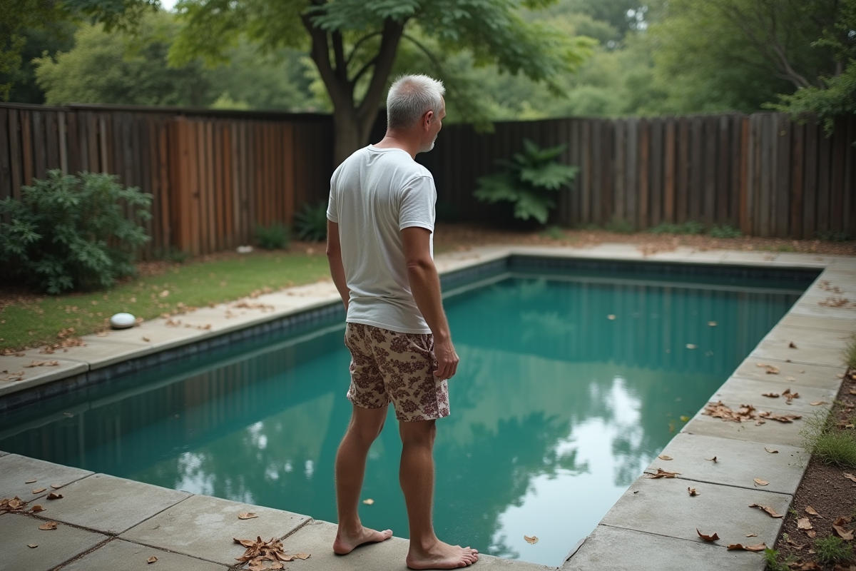 Homme d'âge moyen devant une piscine abandonnée et sale