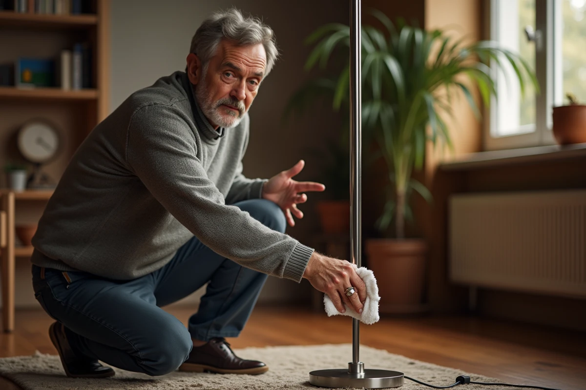 Homme d'âge moyen nettoie une lampe halogène dans un salon cosy