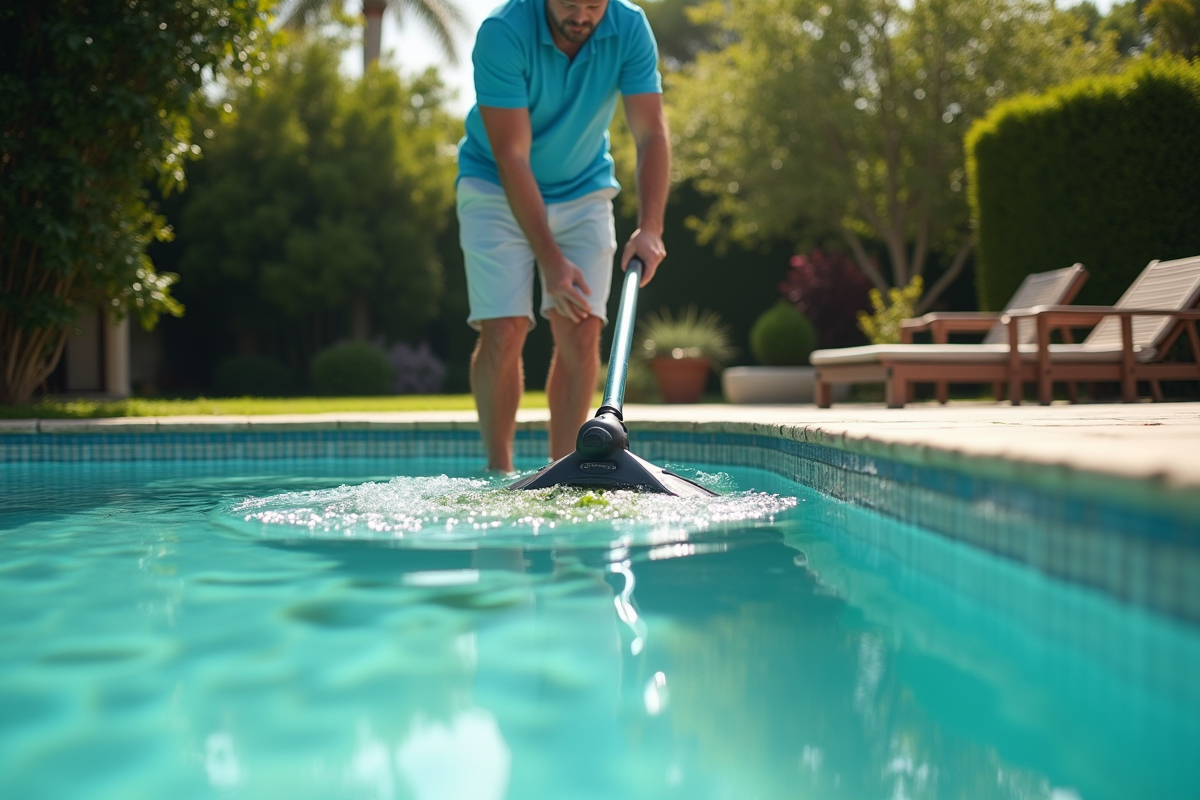 Homme guidant un aspirateur de piscine à l'extérieur
