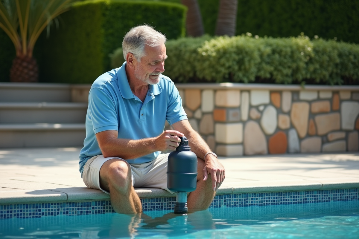 Homme ajustant la vanne du filtre de piscine en été