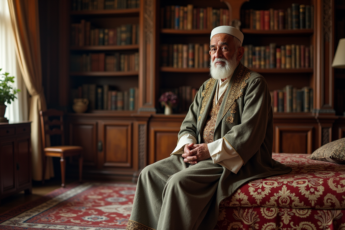 Homme turc age en tenue ottomane dans un study ancien