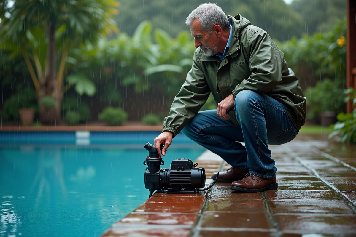 Homme en jeans et imperméable près de la piscine sous la pluie