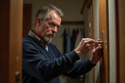 Homme d'&acirc;ge moyen tente de tourner une vieille serrure