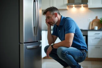 Homme d'âge moyen près du frigo dans une cuisine moderne