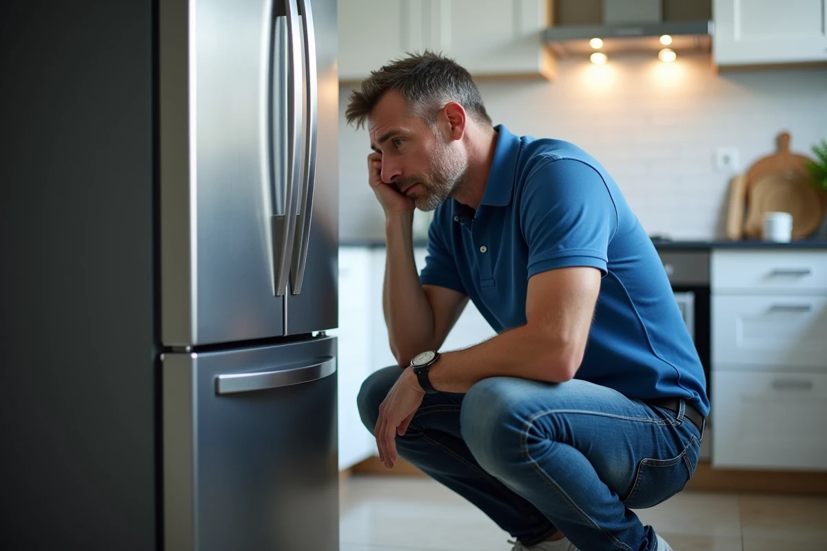 Homme d'âge moyen près du frigo dans une cuisine moderne
