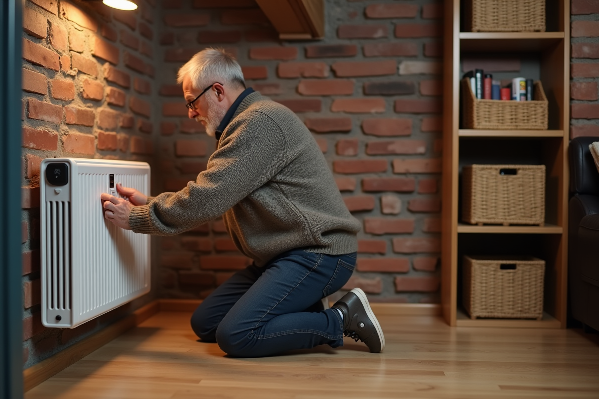 Homme d'âge moyen réglant le thermostat dans un sous-sol moderne