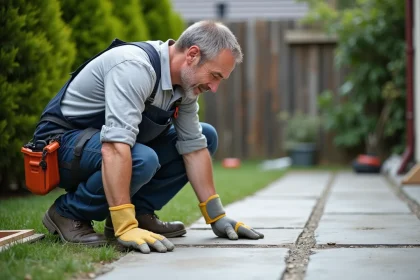 Homme en overalls inspectant une terrasse en b&eacute;ton en r&eacute;novation