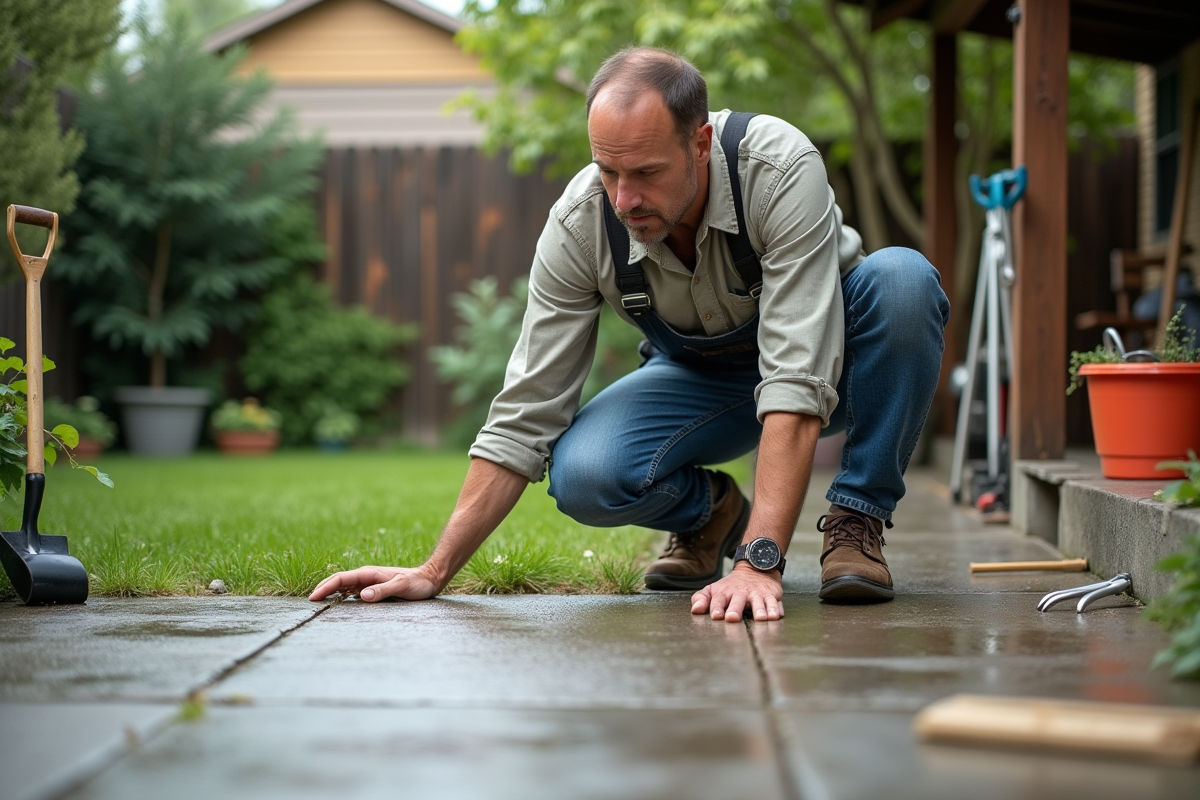 Homme en jeans inspectant une surface epoxy extérieure