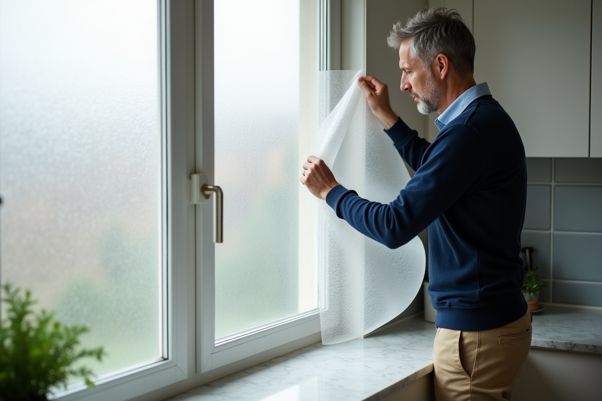 Homme en pull tapant film sur grande fen&ecirc;tre de cuisine