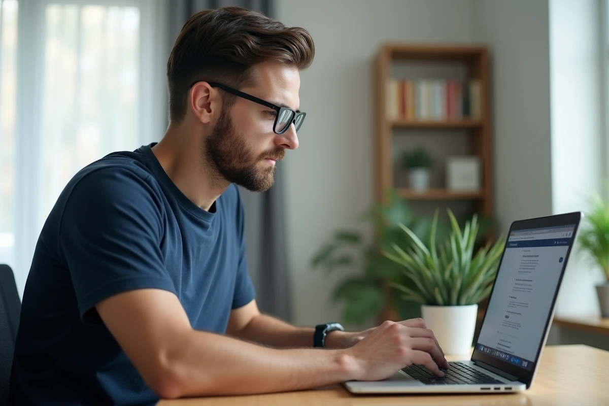 Homme adulte téléchargeant le logiciel Kozikaza sur son ordinateur portable dans un bureau à domicile