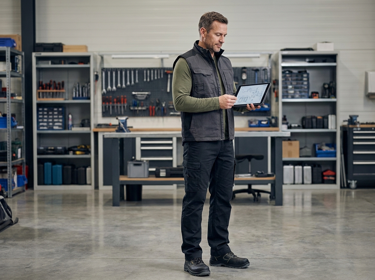 Homme en tenue de travail fonctionnelle et confortable dans un atelier professionnel organisé