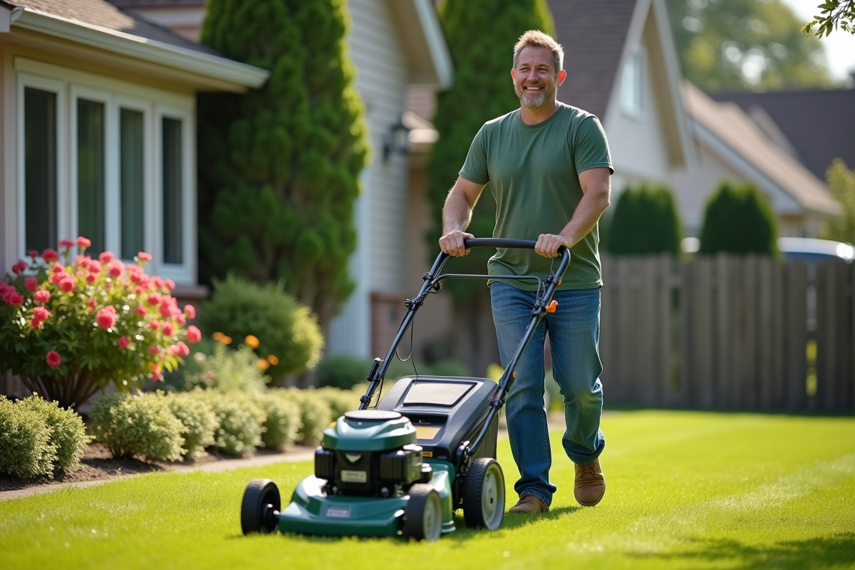Homme d'âge moyen poussant une tondeuse dans un jardin