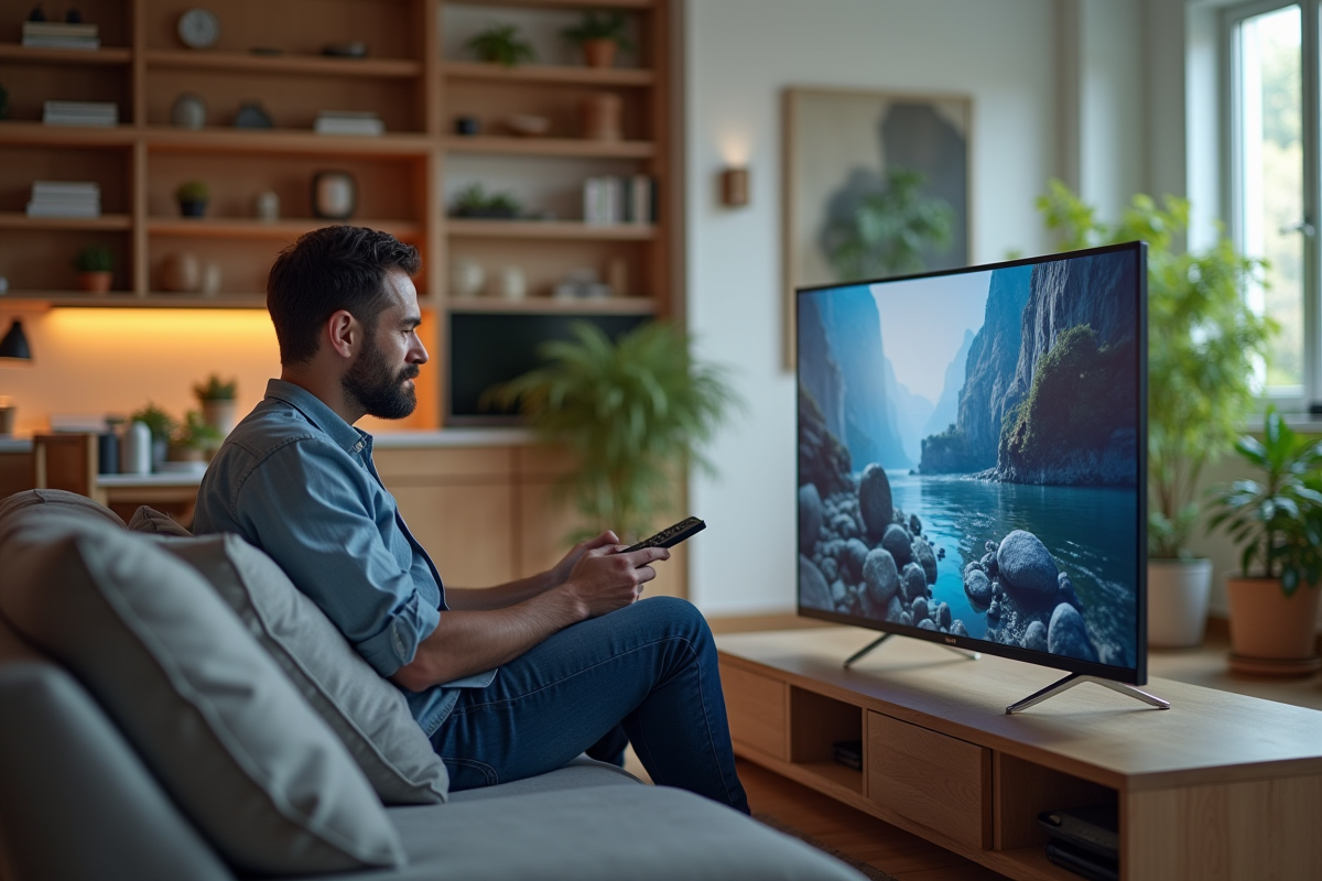 Homme en salon compare deux televisions OLED et 4K UHD