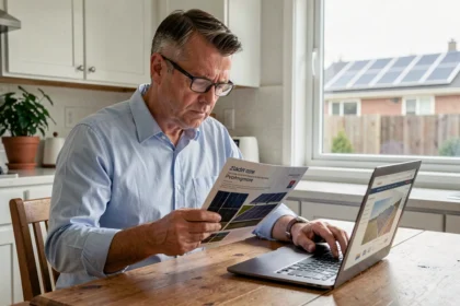 Homme scrutant une publicité pour panneau solaire à la maison avec scepticisme, ordinateur ouvert devant lui
