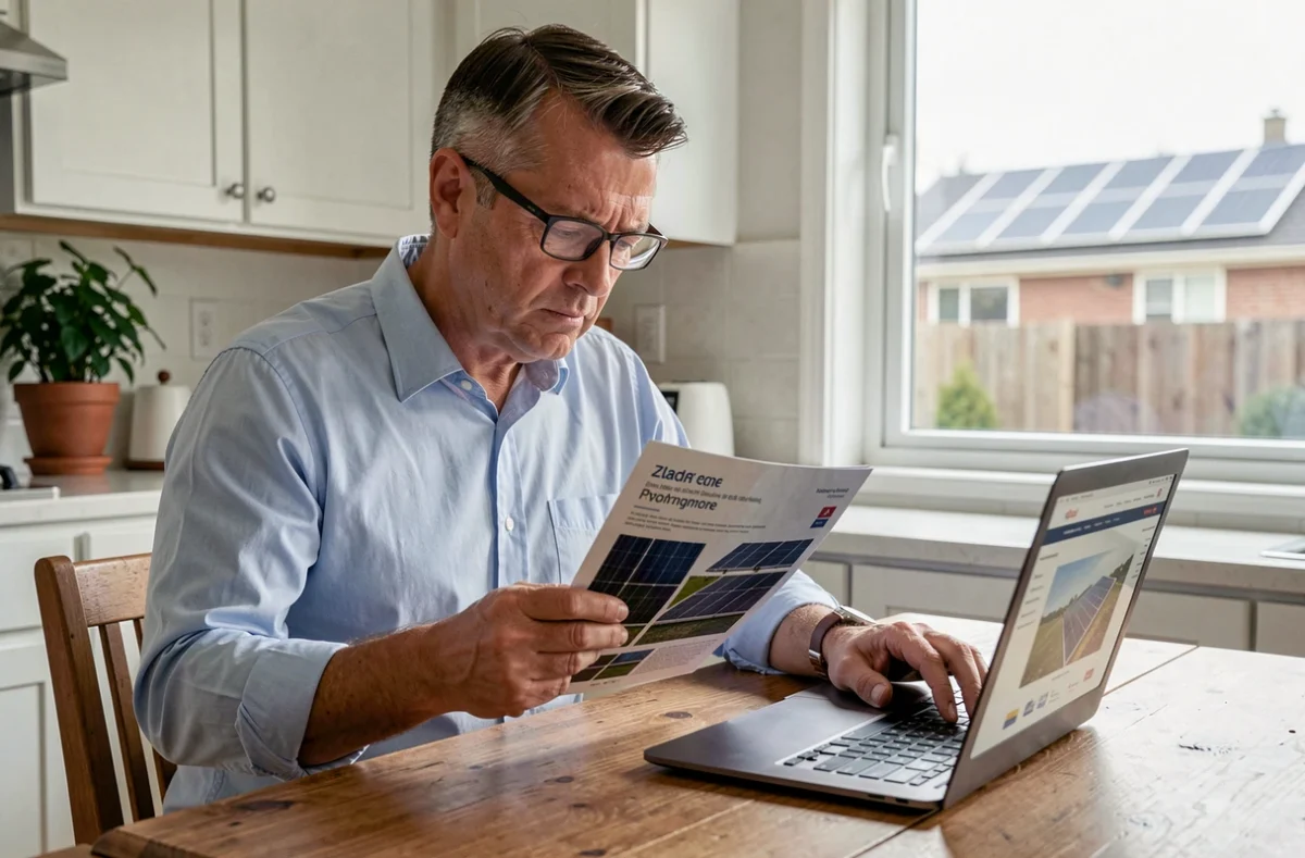 Homme scrutant une publicité pour panneau solaire à la maison avec scepticisme, ordinateur ouvert devant lui