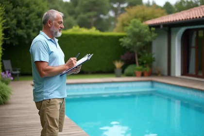 Homme v&eacute;rifiant le bord d'une grande piscine ext&eacute;rieure