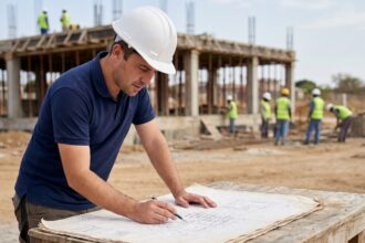 Ingénieur civil étudiant des plans techniques sur un chantier de construction avec une structure en béton en arrière-plan