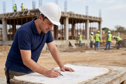 Ingénieur civil étudiant des plans techniques sur un chantier de construction avec une structure en béton en arrière-plan