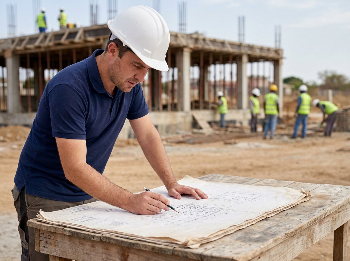 Ingénieur civil étudiant des plans techniques sur un chantier de construction avec une structure en béton en arrière-plan