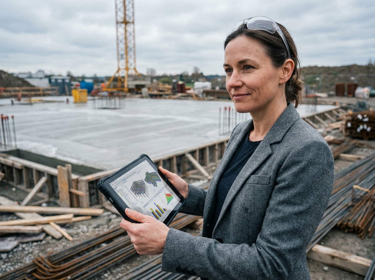 Ingénieure structures consultant un modèle BIM sur tablette devant une fondation en béton sur un chantier