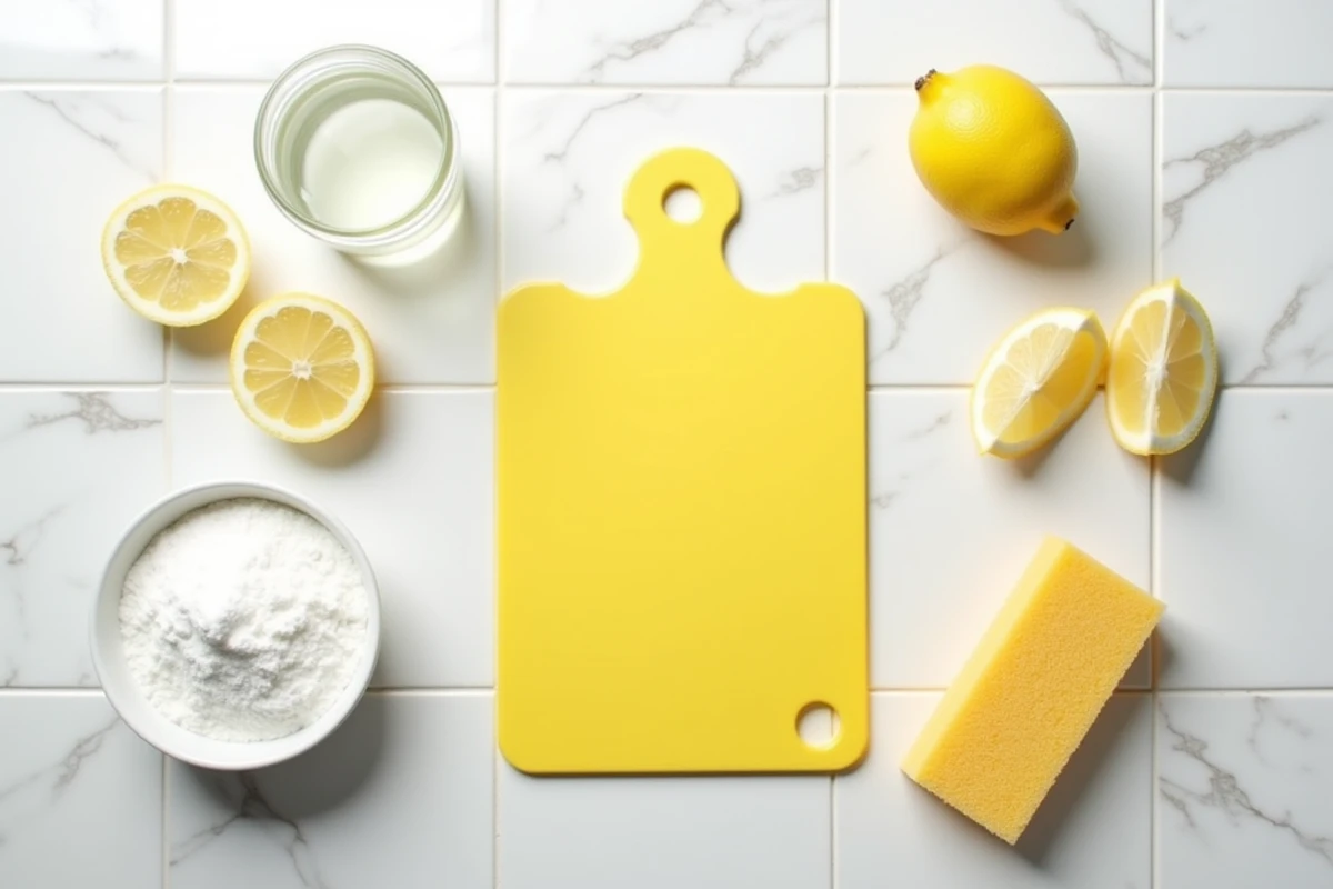 Vue de dessus des ingrédients naturels pour blanchir du plastique jauni : citron, bicarbonate et vinaigre blanc sur un plan de travail