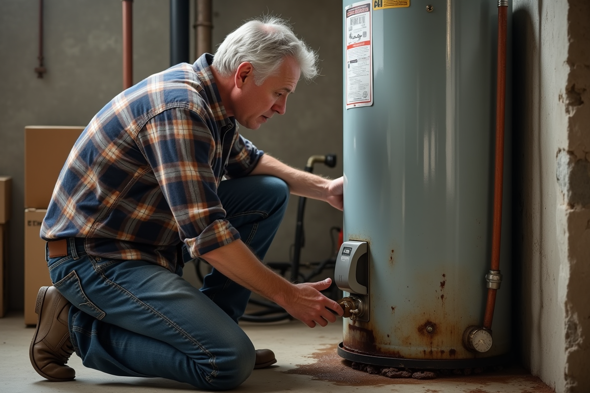 Homme d'âge moyen inspectant une vieille chaudière dans un sous-sol