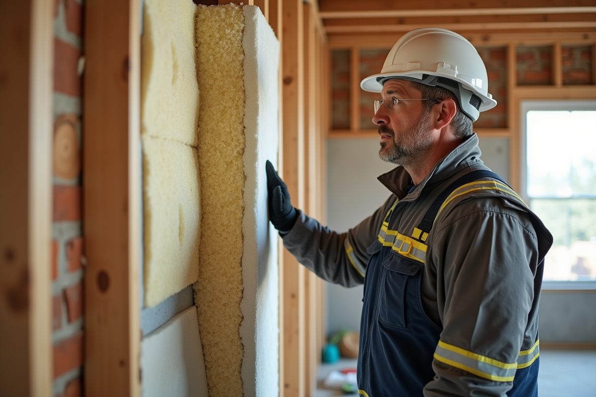 Hommes inspectant une paroi isolée avec différents matériaux
