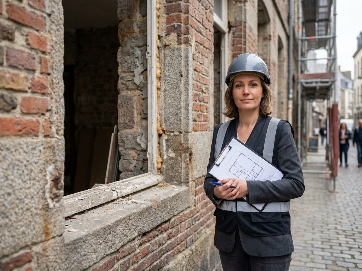 Architecte inspectant une ouverture de fenêtre sur une façade en pierre à Rennes avant travaux