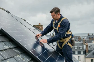 Installateur de panneaux solaires sur un toit en ardoise à Brest par temps nuageux