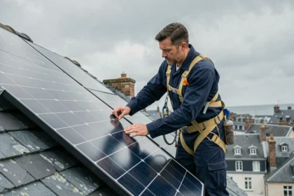 Installateur de panneaux solaires sur un toit en ardoise à Brest par temps nuageux