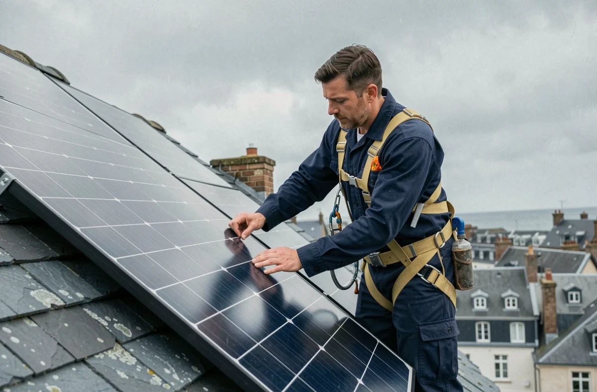 Installateur de panneaux solaires sur un toit en ardoise à Brest par temps nuageux