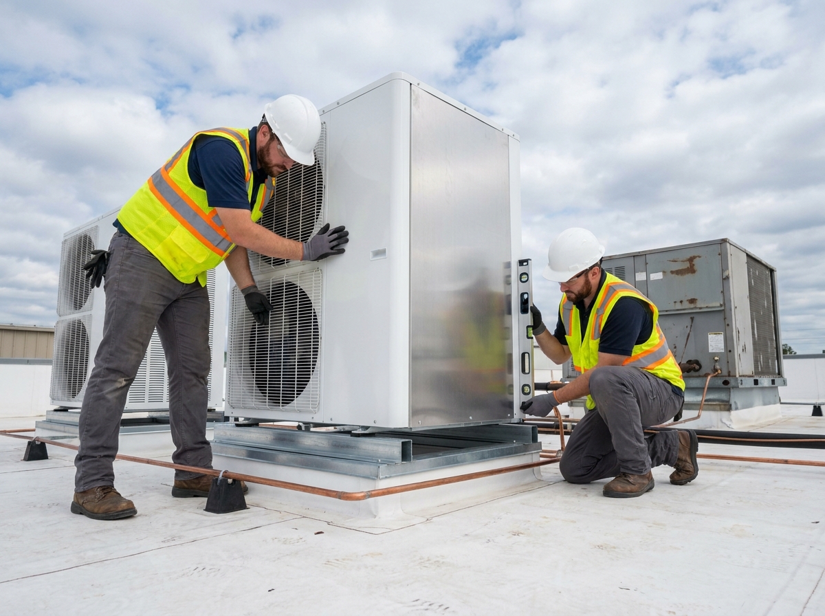 Installation d'un nouveau condenseur aéraulique en retrofit sur toiture industrielle par deux techniciens