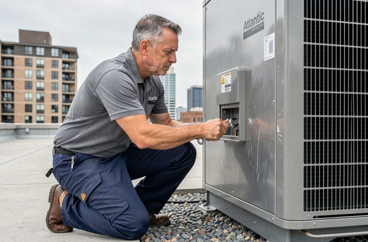 Technicien installant l'unité extérieure d'une PAC air air Atlantic sur une terrasse en milieu urbain