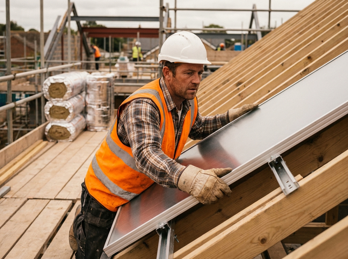 Ouvrier installant un panneau solaire thermique sur une maison en construction, chantier de maison neuve