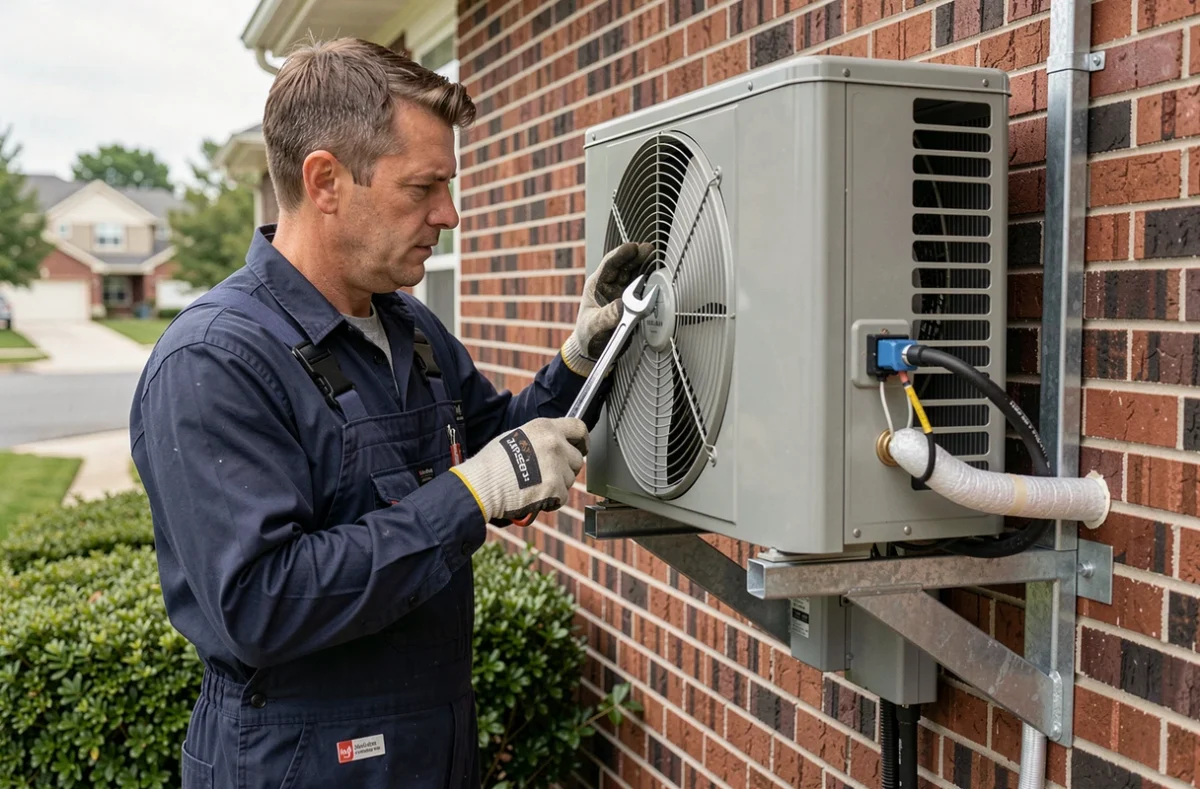 Technicien installant l'unité extérieure d'une pompe à chaleur air-air sur la façade d'une maison