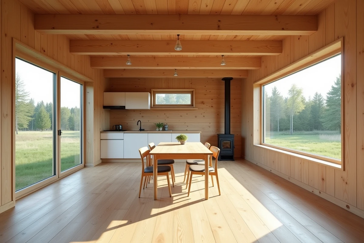 Intérieur d'un chalet en bois habitable de 80m2 avec séjour cuisine et vue sur terrain naturel