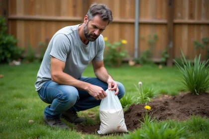Homme d age moyen examine un repellant &agrave; grubs dans son jardin