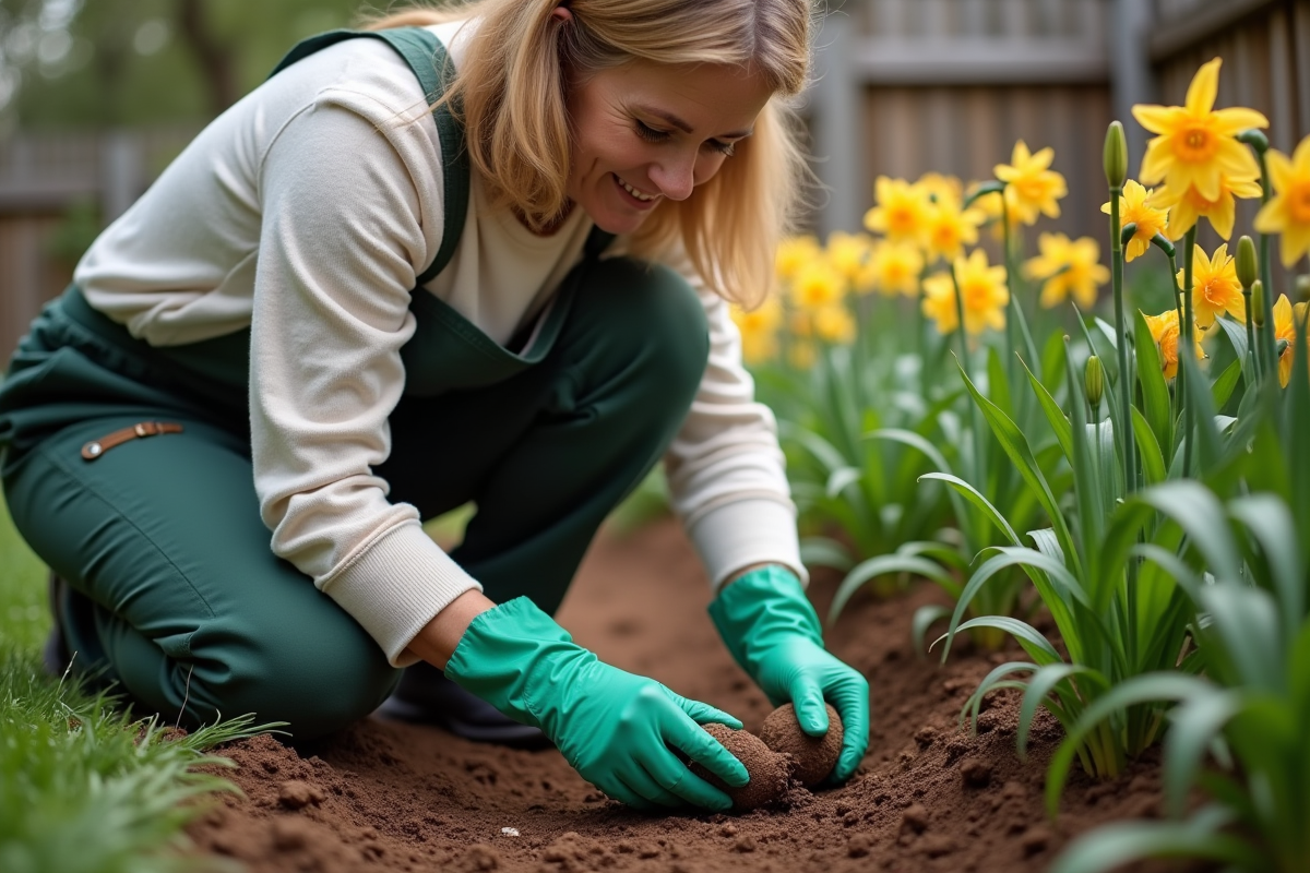 Femme replanteant des bulbes de lys dans le jardin
