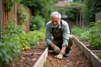 Homme d'âge moyen en tenue de jardinage plantant des tomates