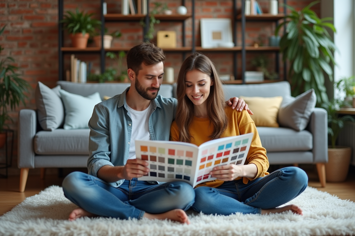 Jeune couple regardant un livre d
