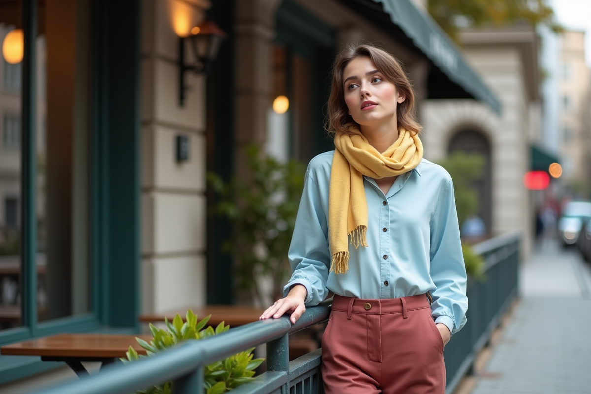 Jeune femme dans un café moderne en extérieur
