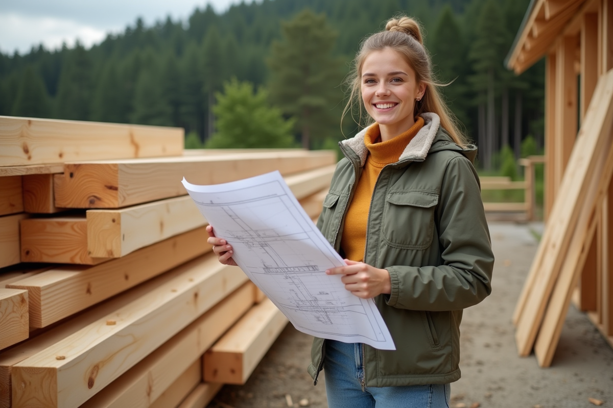 Jeune femme avec plan de construction sur un site en plein air