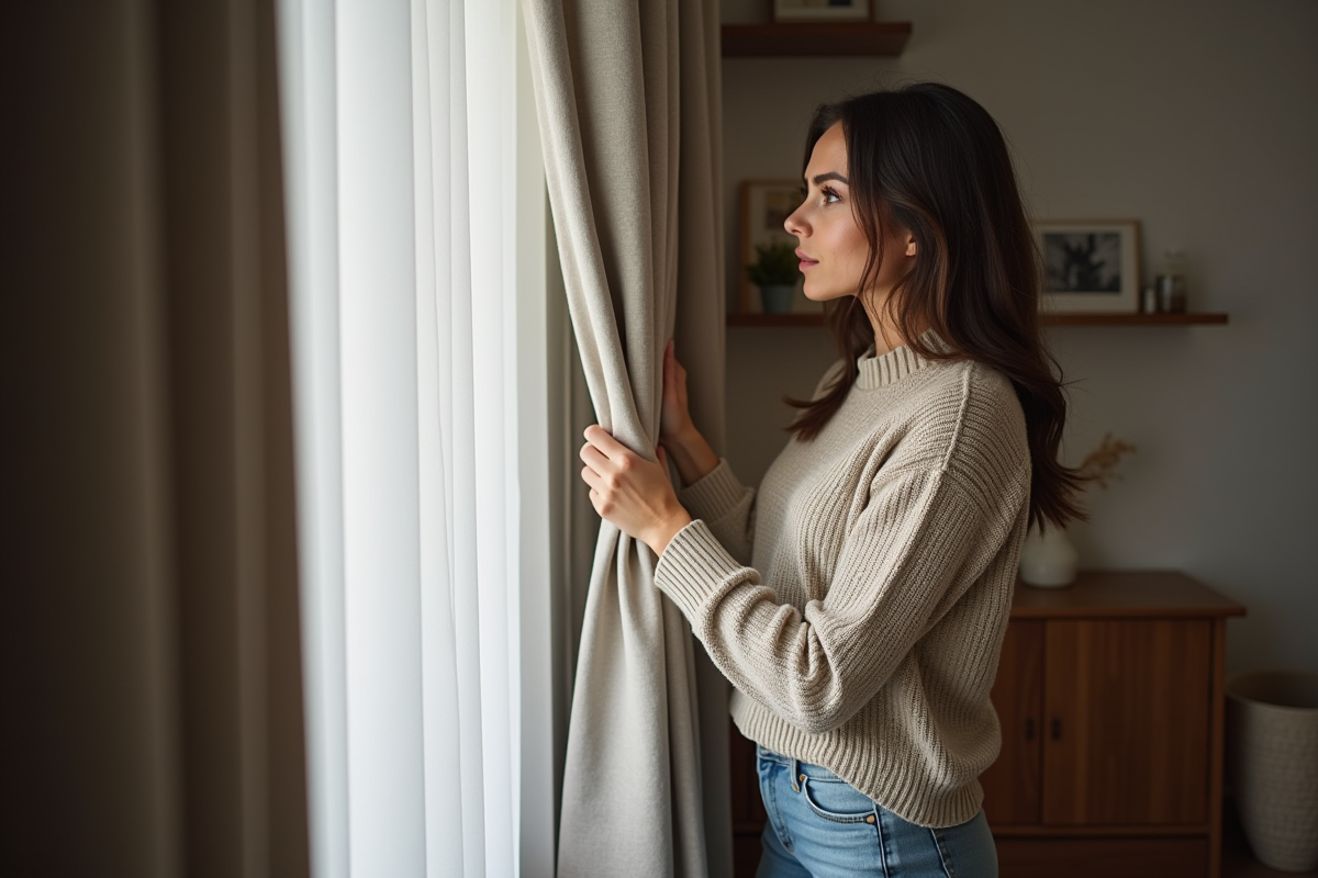 Jeune femme tirant doucement un rideau occultant dans un salon cosy