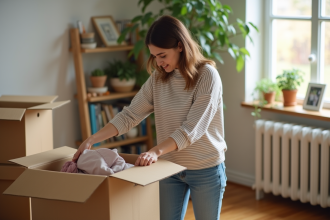 Jeune femme en déménagement dans un salon lumineux