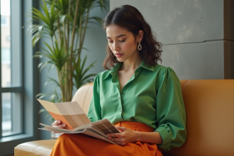 Jeune femme en vert et orange choisissant un nuancier