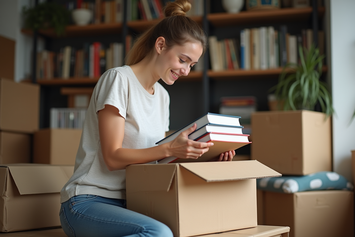 Jeune femme emballant des livres dans un carton dans un appartement