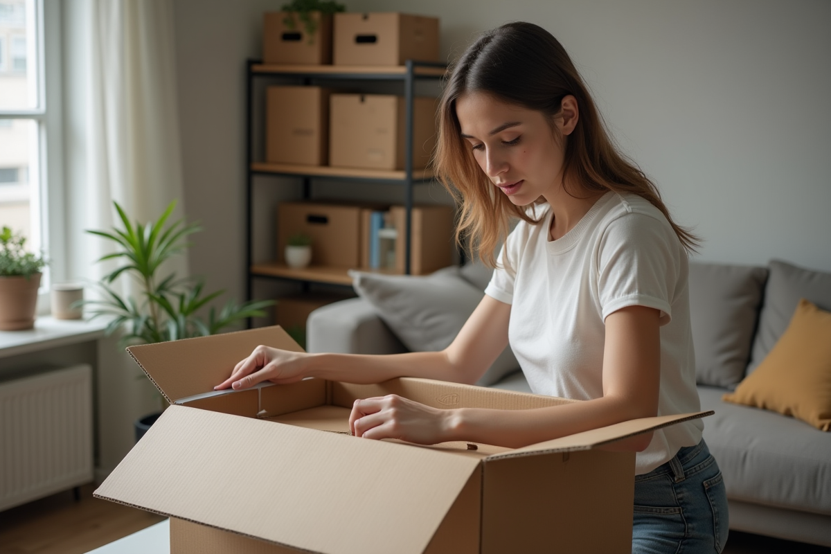 Jeune femme emballant une boîte dans un appartement moderne
