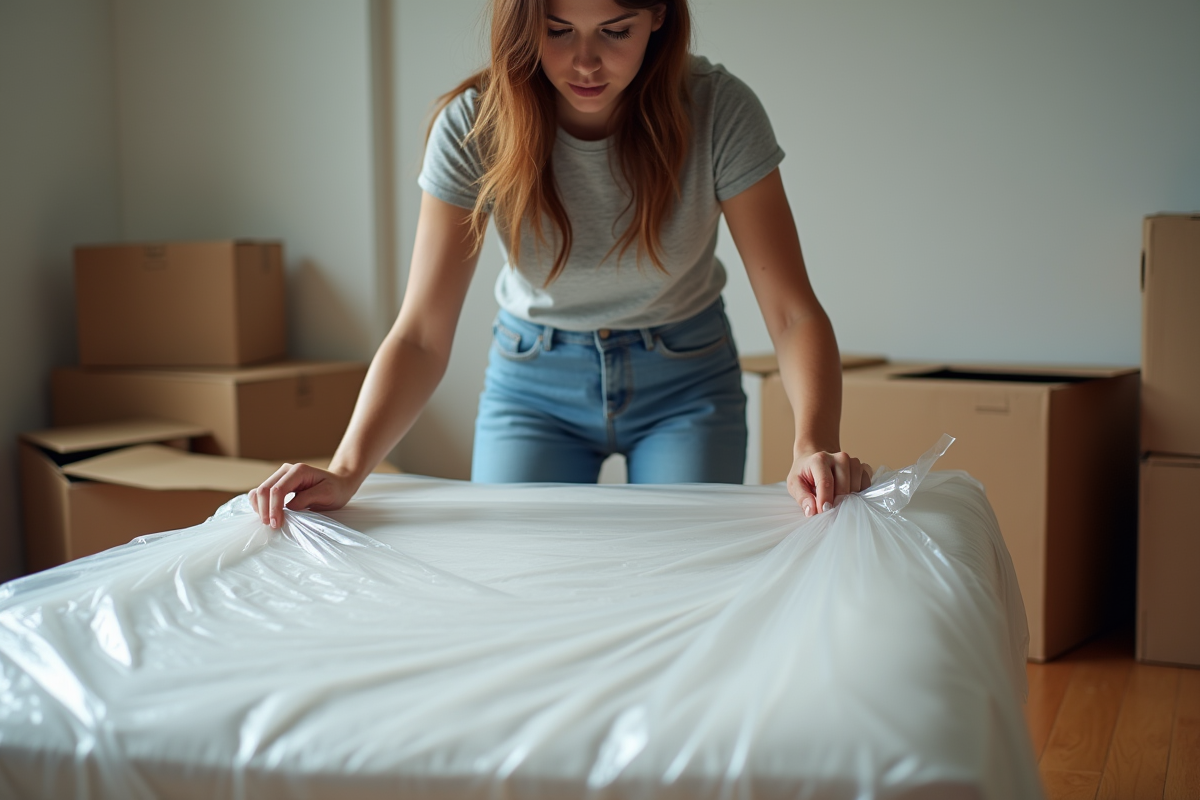 Jeune femme emballant un matelas dans un appartement encombré