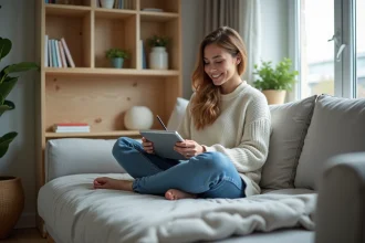 Jeune femme dessinant sur une tablette dans un appartement moderne